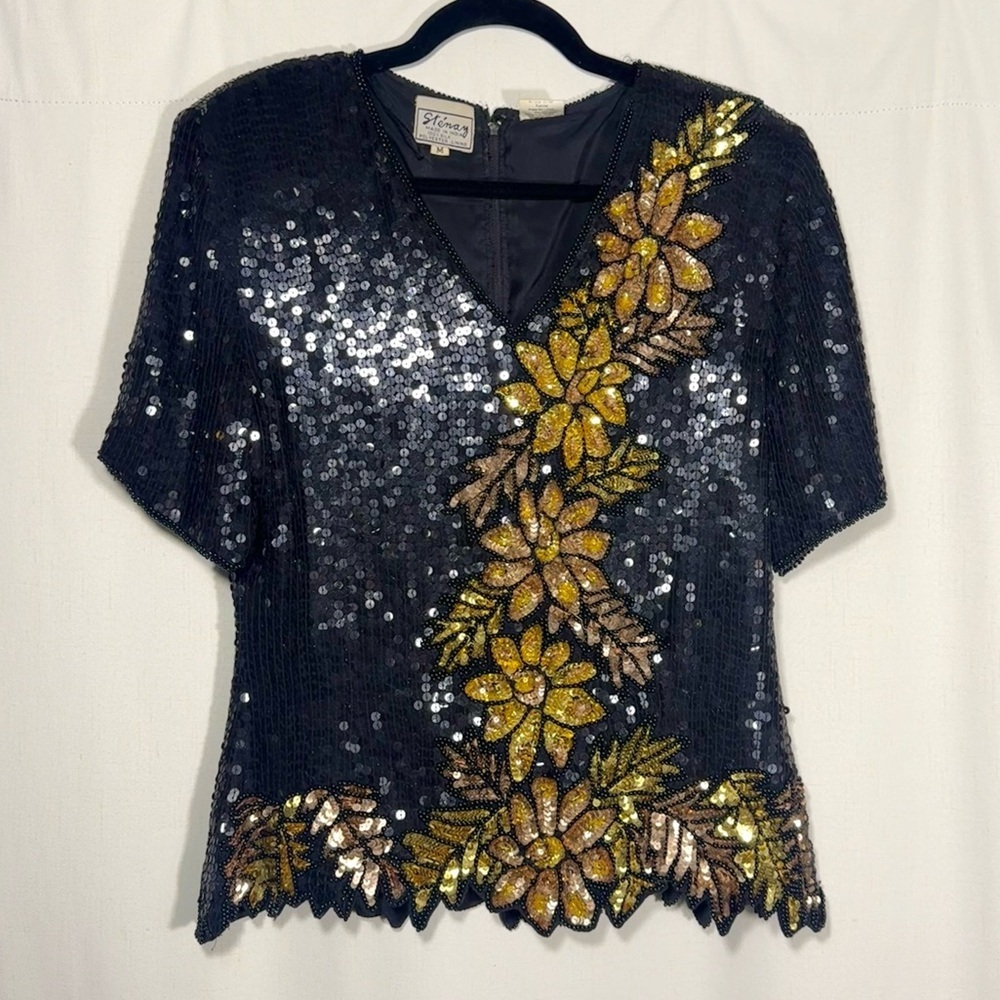 Stenay Vintage Black & Gold Sequin Blouse